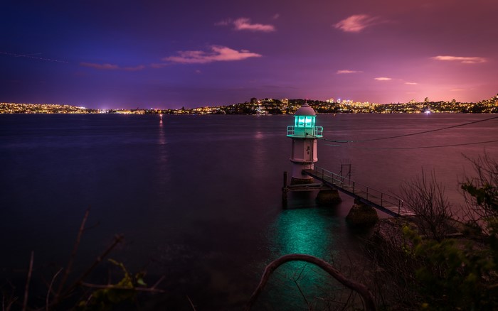 Lighthouse in Sydney Harbour at night