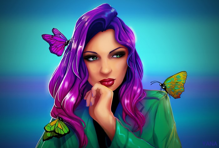 Painting Art of a Woman with Purple Hair and Butterflies
