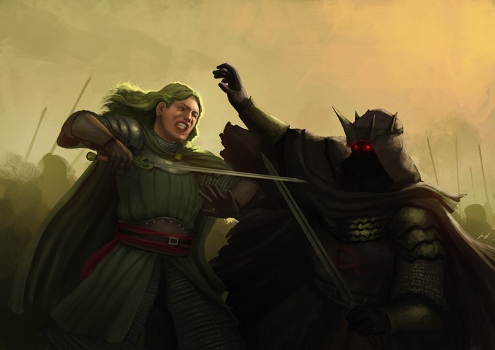 Two warriors clashing swords in battle