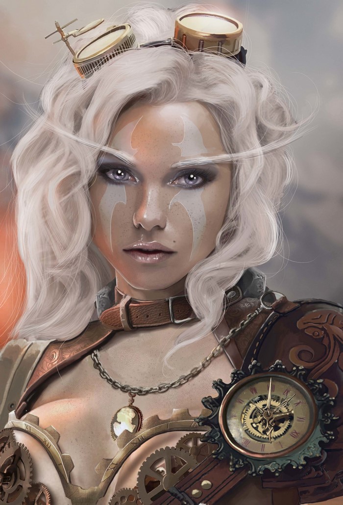 Steampunk blonde girl with goggles and clockwork armor