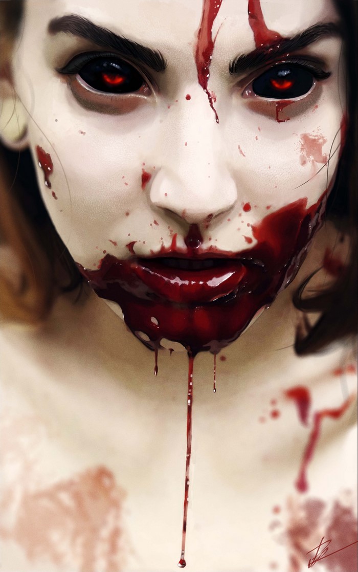 Painting of a woman with blood on her face