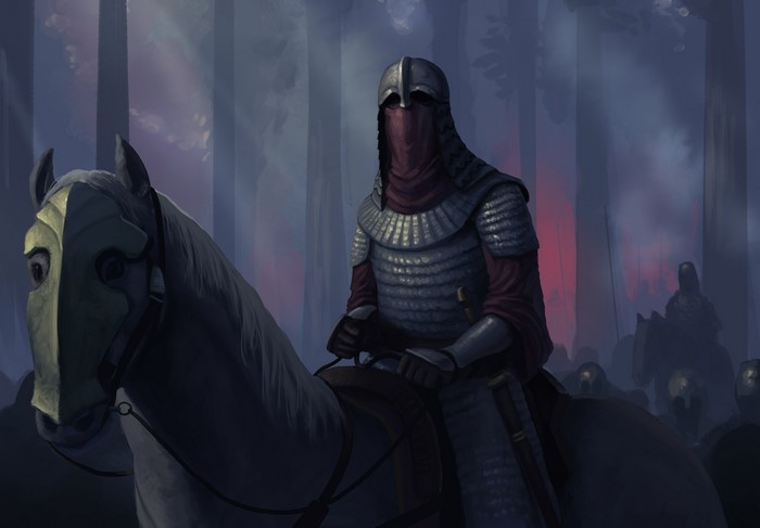 Armored knights on horseback in a dark forest