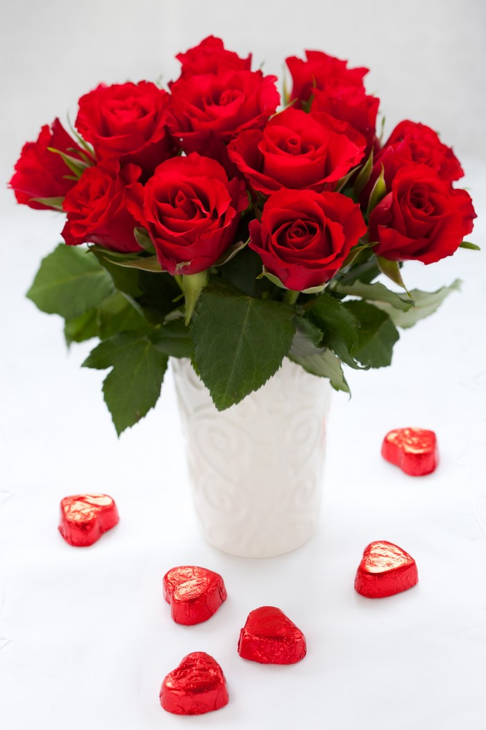 Red Roses in a Vase with Heart Candies