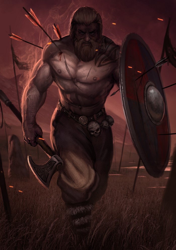Injured Viking warrior with axe and shield in battle