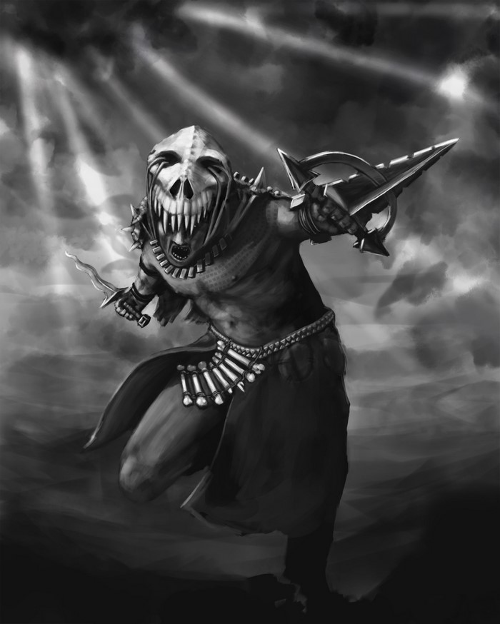 Warrior with Skull Mask and Weapons