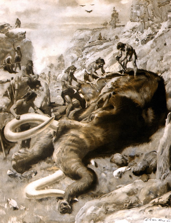 Zdenek Burian's prehistoric scene of humans hunting a mammoth