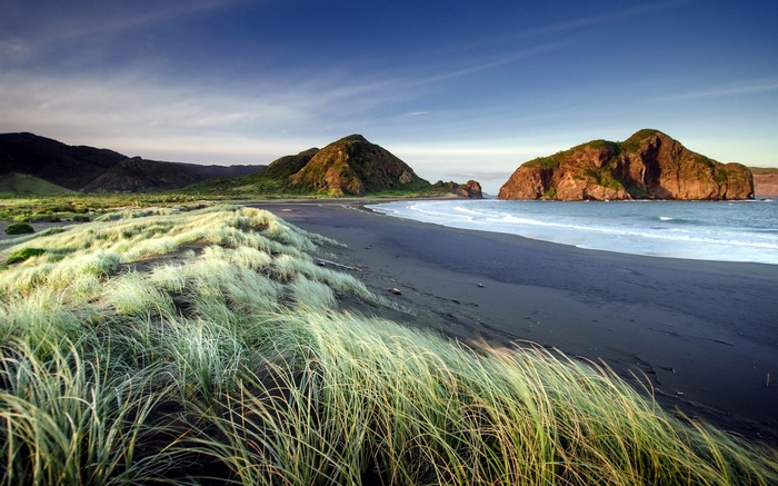 Black sand beach with grassy dunes and rocky islands