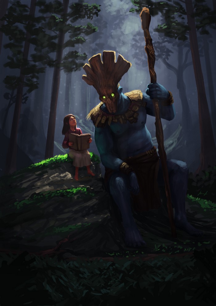 Giant with wooden mask and staff with girl reading book in forest