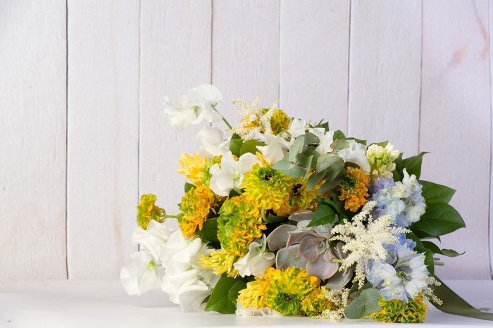 Bouquet of flowers with succulents and eucalyptus