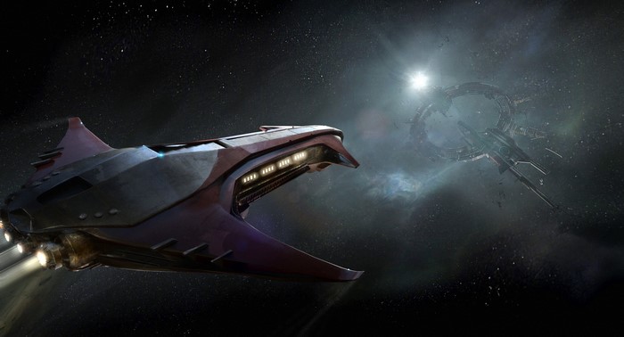 Star Citizen starship approaching a space station