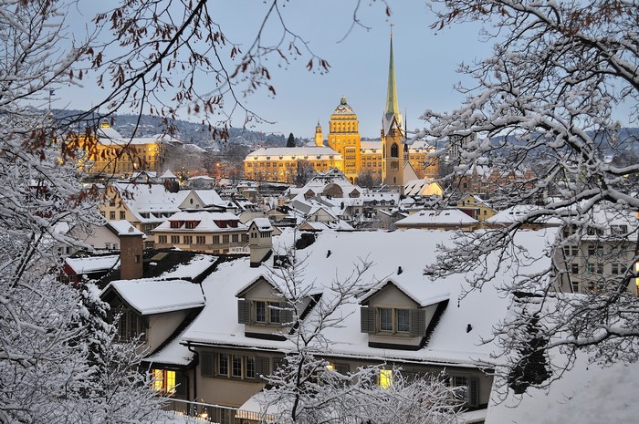 Zurich, Switzerland in Winter with Snow on Roofs
