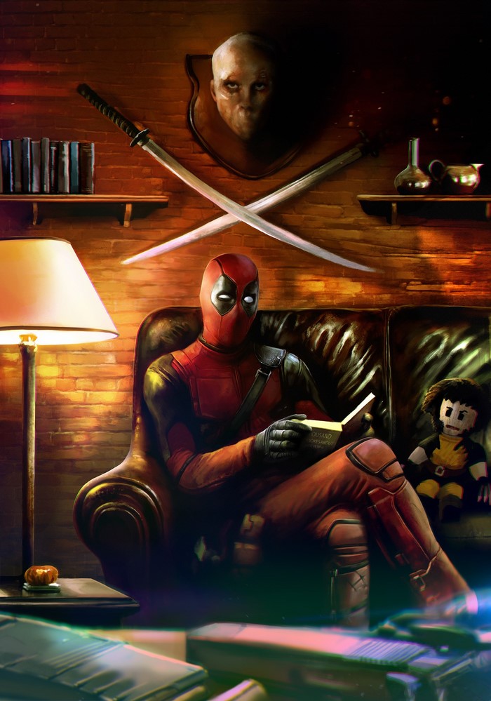 Deadpool reading a book on a sofa with swords and a head on the wall