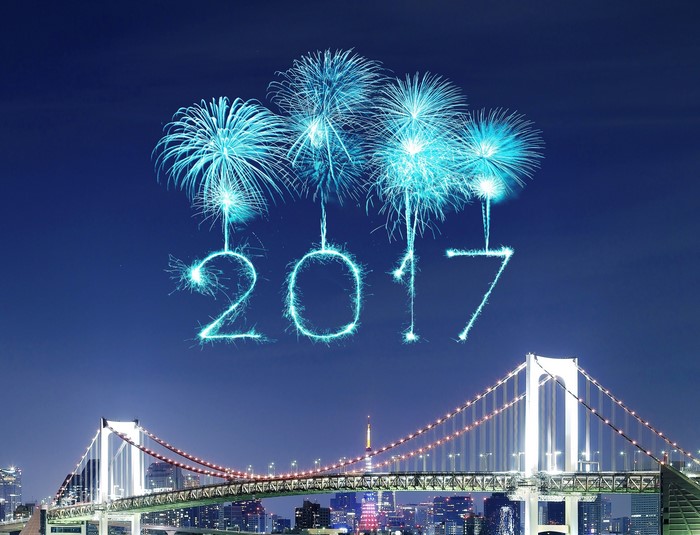 Fireworks spelling 2017 over Rainbow Bridge at night