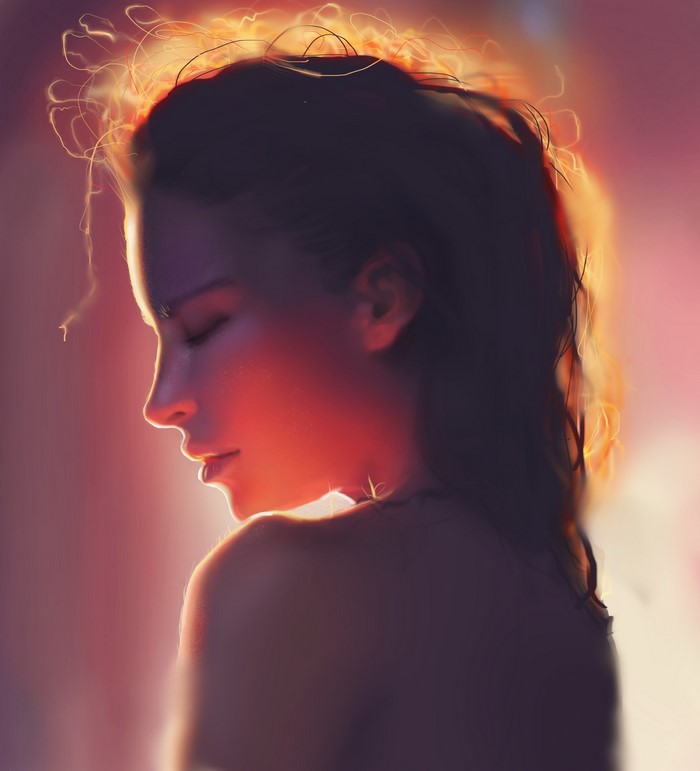 Painting of a woman's profile with glowing hair