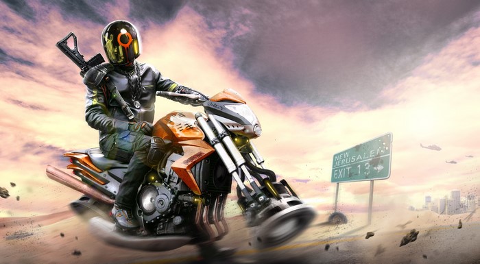 Motorcyclist with rifle on a motorcycle near New Jerusalem exit