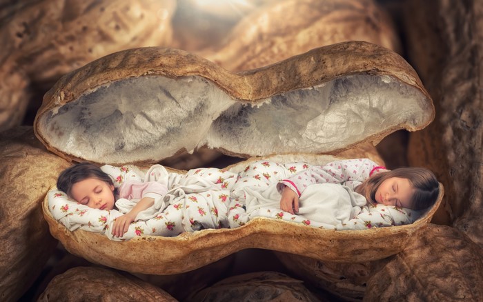 Two little girls sleeping in a peanut shell