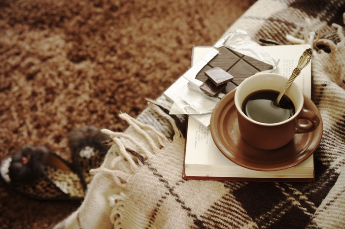 Coffee, Chocolate, and a Book on a Blanket