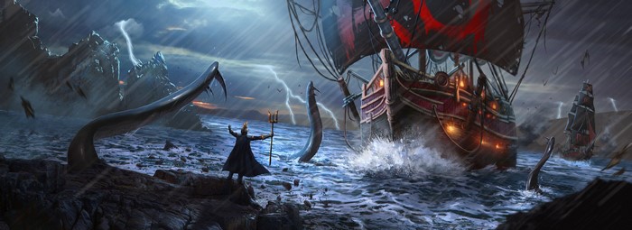 Ship in a Storm with Sea Monster and Warrior