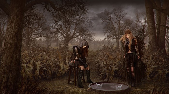 Gothic fantasy scene with two figures in a dark forest