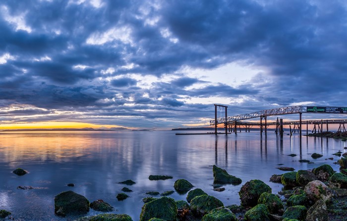 4K Canada Coast Sunrise with Pier and Clouds