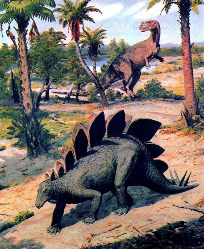 Stegosaurus and Ceratosaurus in prehistoric landscape by Zdenek Burian