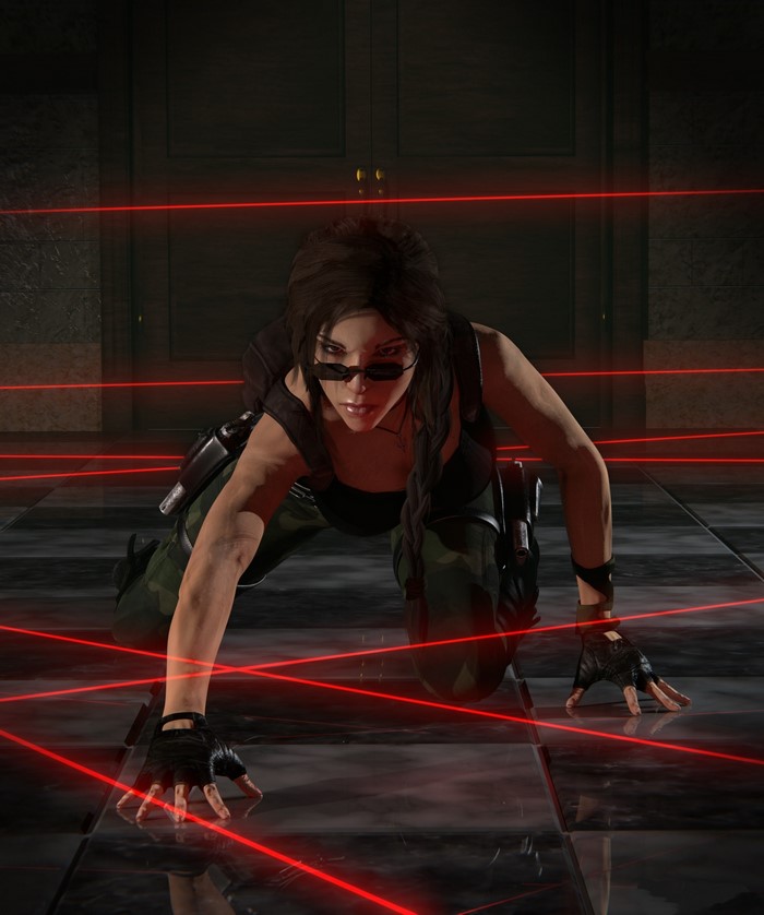 Lara Croft from Tomb Raider crawling through lasers