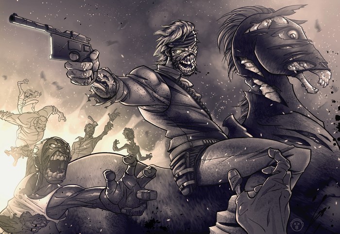 Zombie cowboy on a zombie horse shooting pistols at zombies