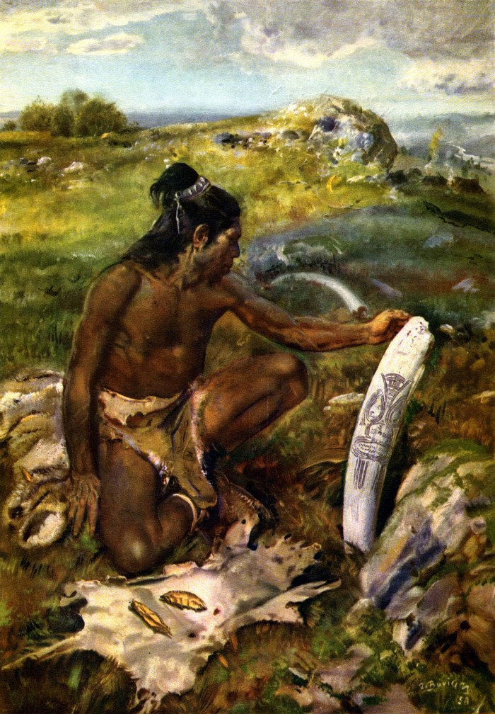 Prehistoric Man Carving Ivory Tusk by Zdenek Burian