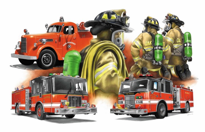 Firefighters and Fire Engines Painting Art