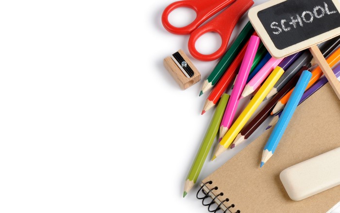 Stationery: Pencils, Notepad, Scissors, Sharpener, Eraser, Chalkboard