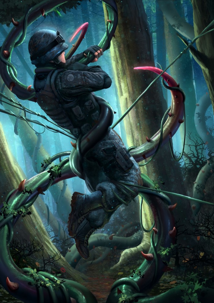 Soldier entangled in monstrous vines in a forest