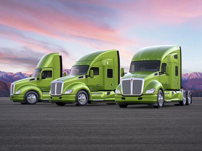 Three Kenworth T680 Trucks in Lime Green