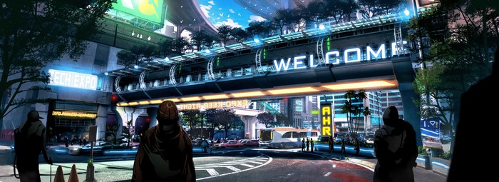 Futuristic city with "WELCOME" sign and "TECH EXPO"