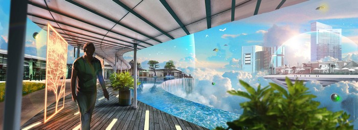 Fantastic world with floating cities and waterfalls