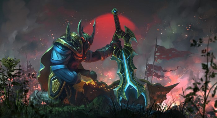 Sven from DOTA 2 kneeling with a sword