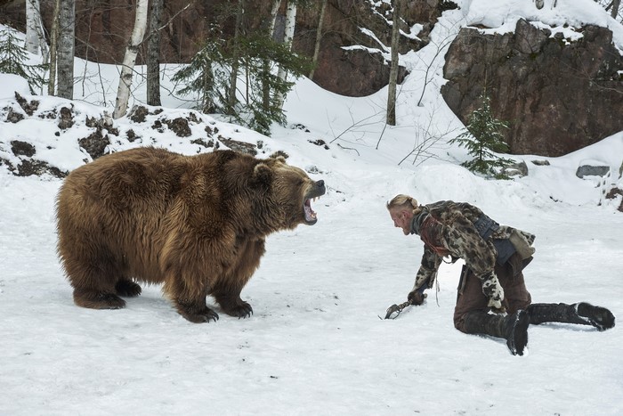 Alexander Ludwig fighting a bear in Vikings