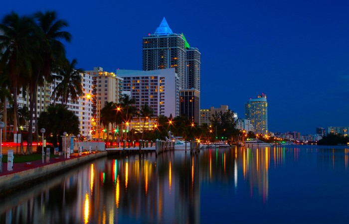 Miami Skyline at Night with Water Reflections