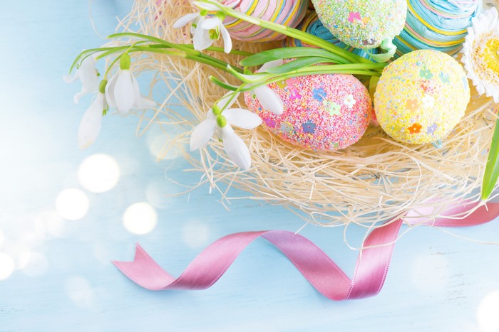 Easter Eggs with Snowdrops and Pink Ribbon