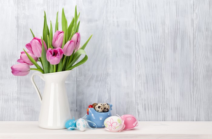 Easter Tulips and Eggs on Wood Planks