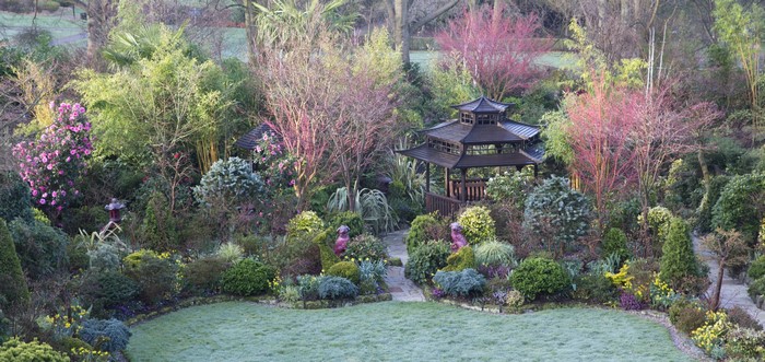 Walsall Garden with Pagoda and Flowering Trees in England