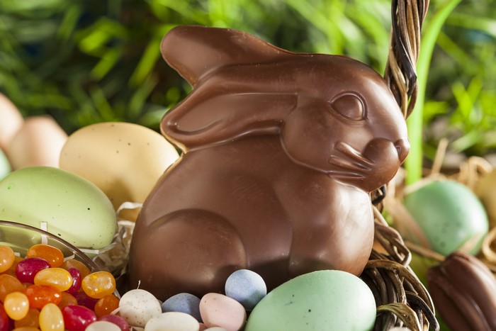 Easter chocolate bunny with eggs and jelly beans