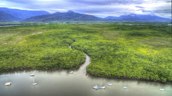 Aerial view of Portsmith, Cairns, Queensland, Australia with mountains and river