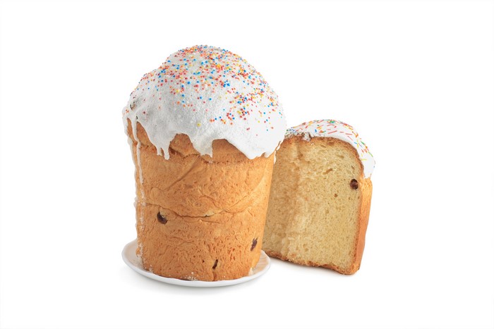 Easter Kulich with Icing and Sprinkles on White Background