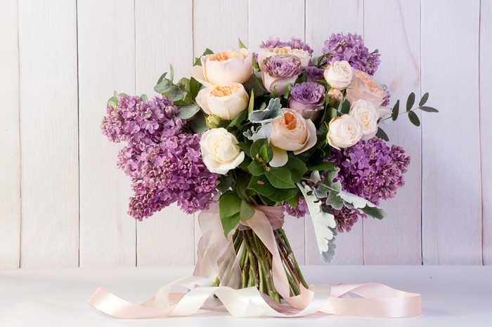 Bouquet of Roses and Lilac with Ribbons