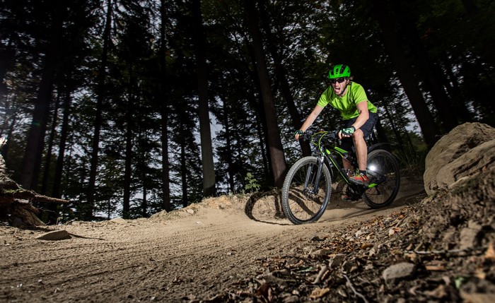 Man in helmet riding a bicycle in a forest
