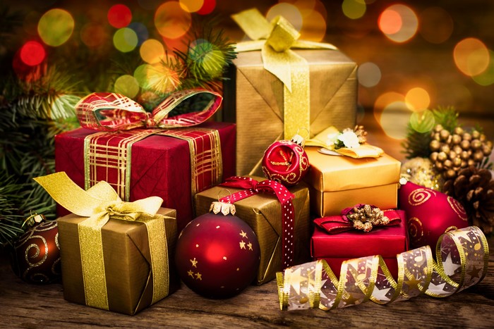 Christmas Gifts and Ornaments with Bokeh Lights