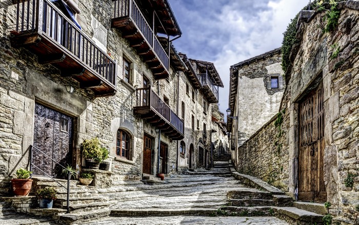 Stone houses and street in Catalonia, Spain