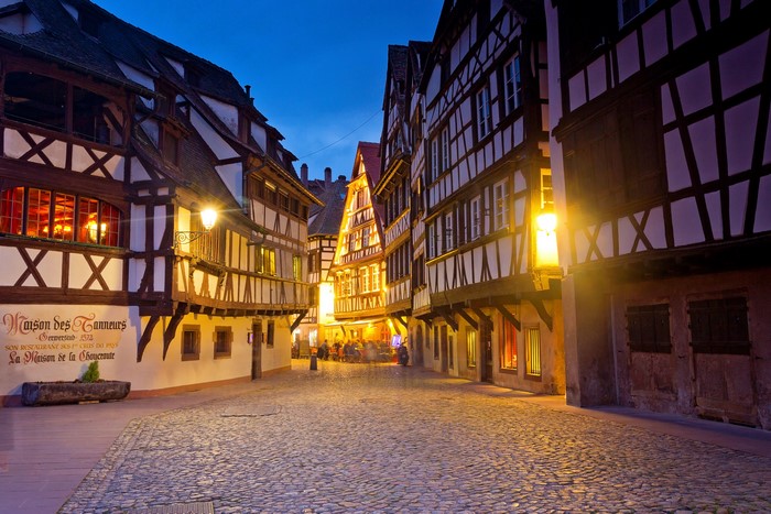 Strasbourg France Evening Street with Houses and Street Lights