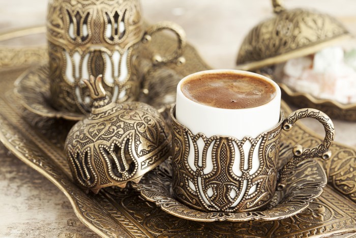 Turkish Coffee Cup with Ornate Metal Holder