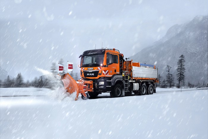 MAN TGS 28.440 snow plow truck in winter